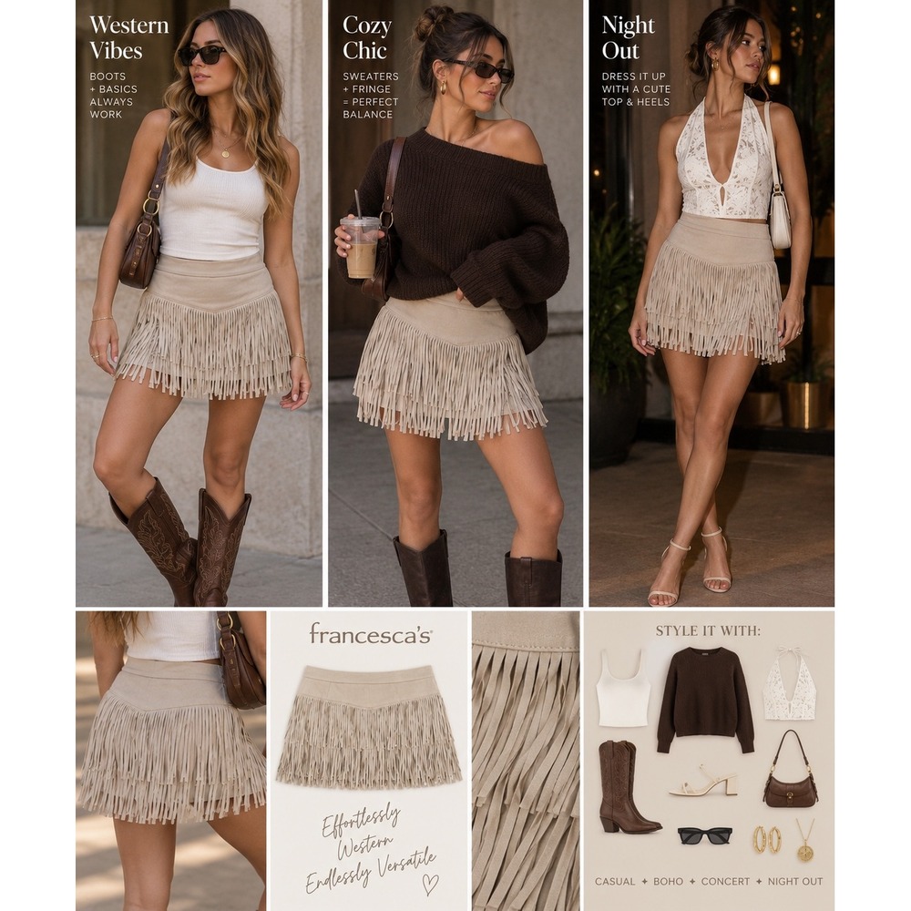 Francesca's Alya Ivory Faux Suede Fringe Mini Skirt Size L NWT Western Boho